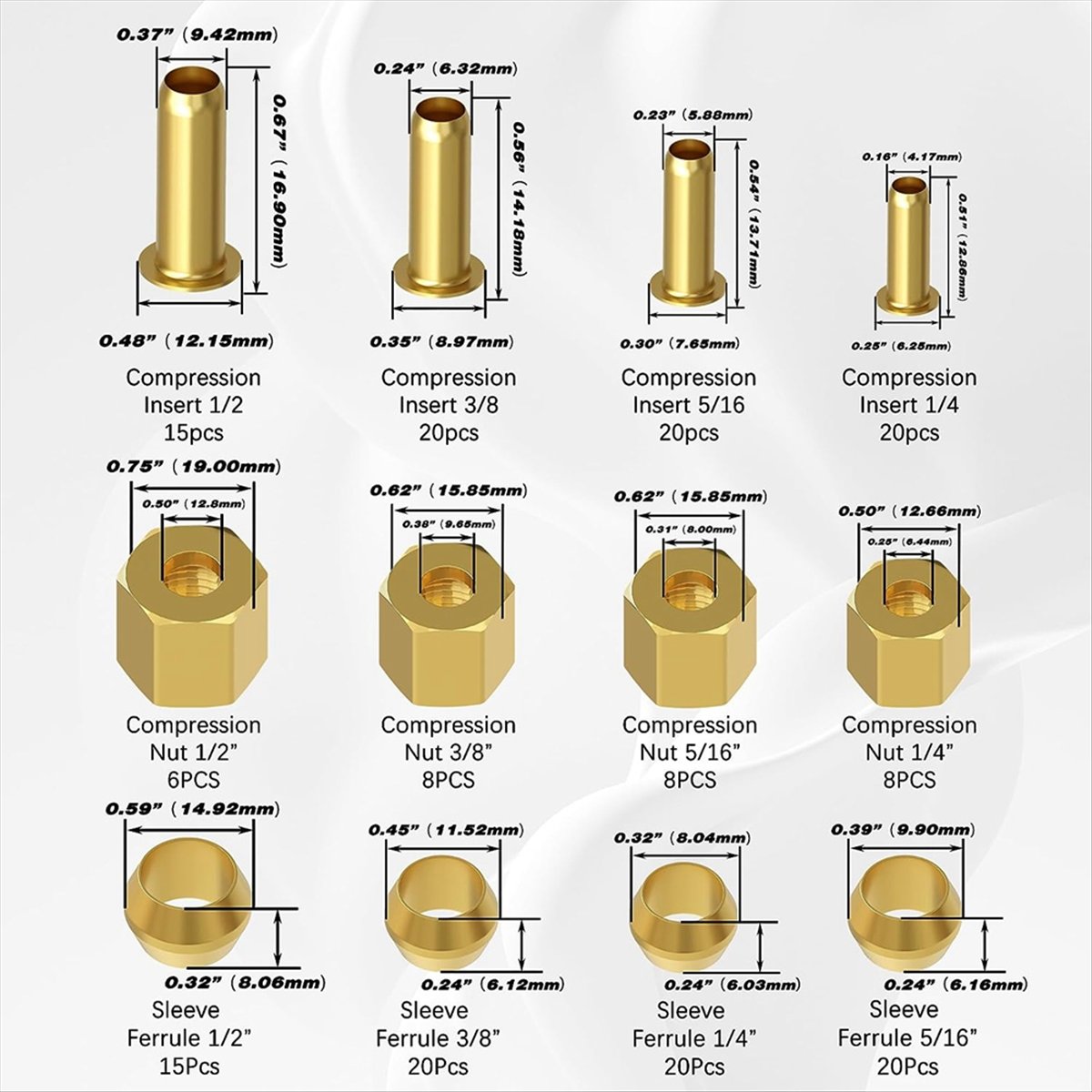 Compression Fitting Brass - AT16 180個入り圧縮継手詰め合わせキット-(1/4インチ、3/8インチ、5/16インチ、1/2インチ)の真鍮製圧縮スリーブフェルール、インサート＆ナット